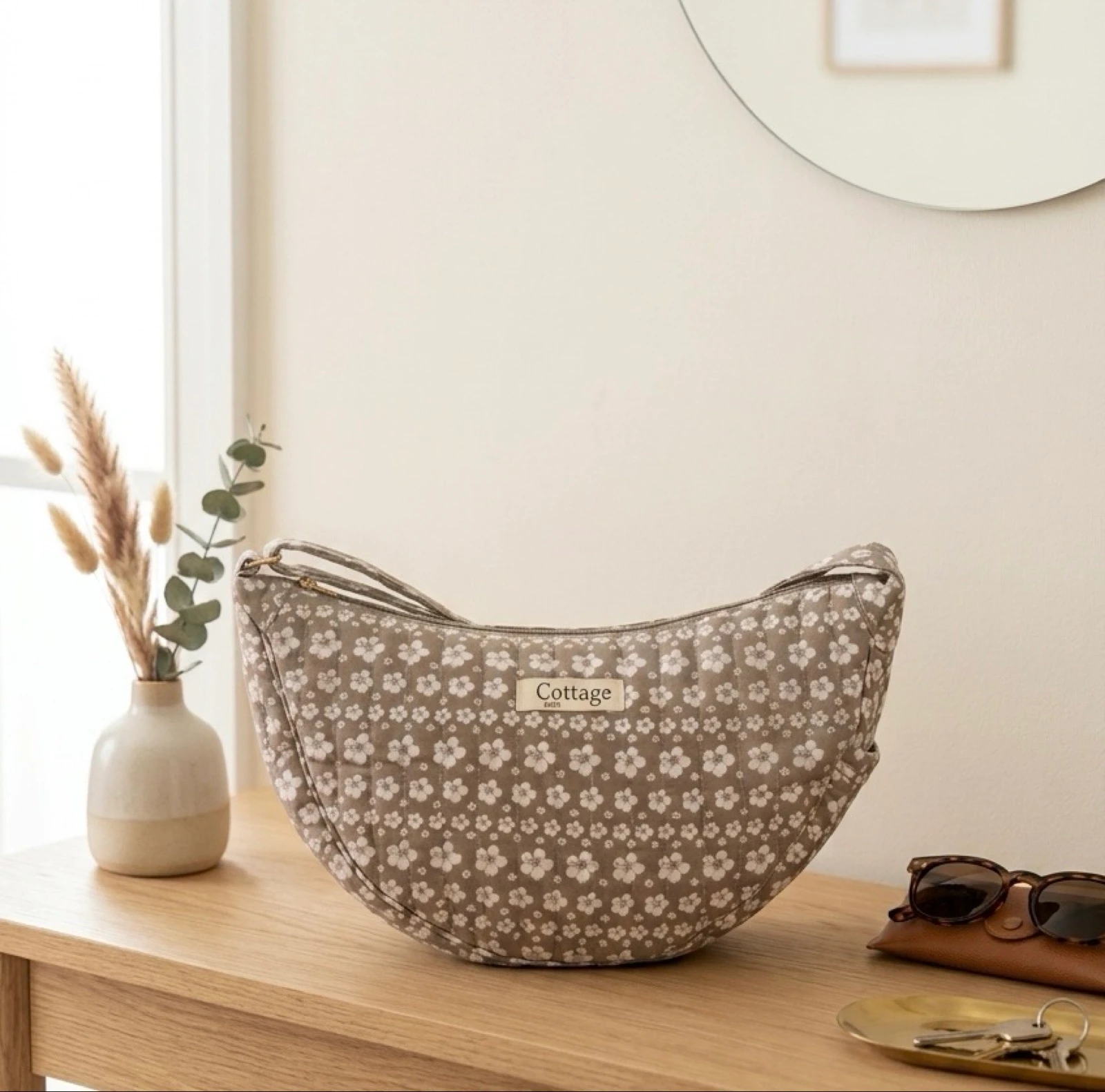 Sac Lune 100% Coton Matelassé Collection Cottage & Bag / Modèle Fleurs Géométriques Beige Foncé  